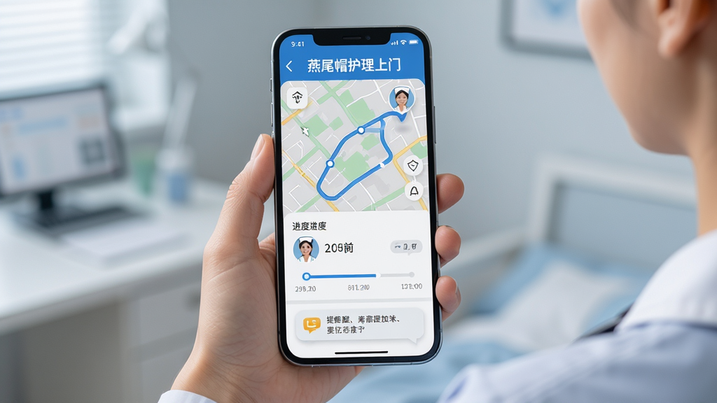 用户手持手机查看“燕尾帽护理上门”的订单跟踪界面,主体为手机与用户手部,布局为居中构图,排版简洁,风格为现代科技感医疗风,细节包括地图轨迹、护士头像、进度时间轴、提醒气泡,画质高清,干净,无多余元素