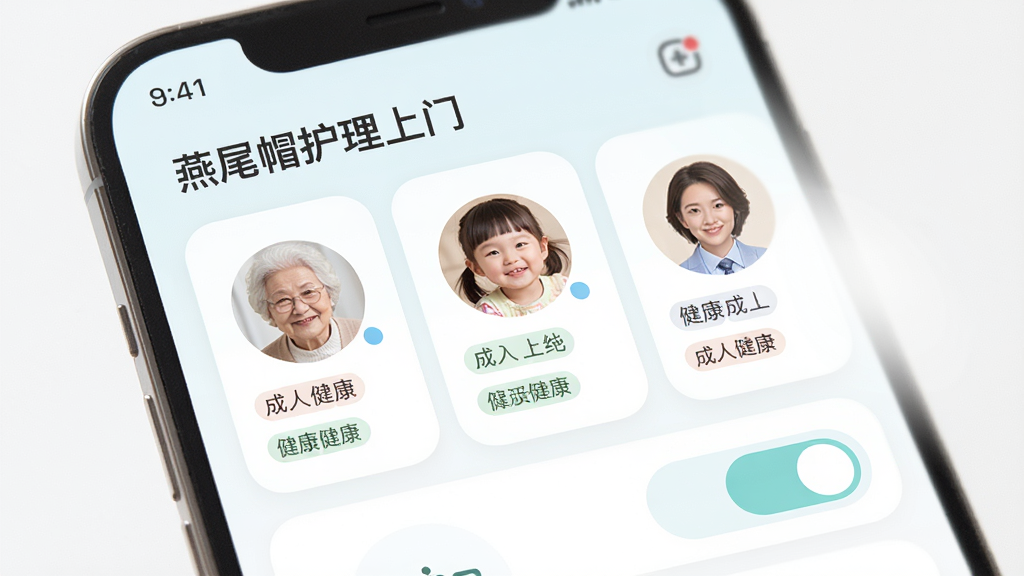 手机屏幕显示“燕尾帽护理上门”的家庭成员管理页面,主体为APP界面,布局为卡片式排列,排版规整,风格为柔和圆角设计,细节包括老人、儿童、成人头像卡片、健康标签、切换按钮,画质高清,干净,无多余元素