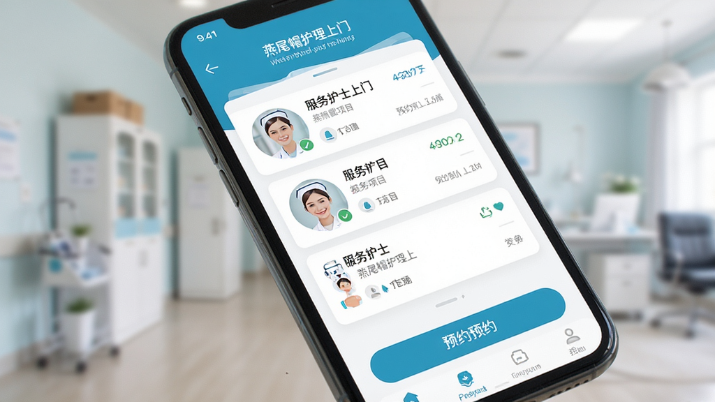 一款名为“燕尾帽护理上门”的手机应用界面展示,主体为手机屏幕特写,屏幕中显示预约护士上门的服务列表,布局为居中构图,排版清晰,风格为现代医疗健康类APP的清爽简约风,细节包括护士头像、服务项目卡片、预约按钮,画质高清,干净,无多余元素