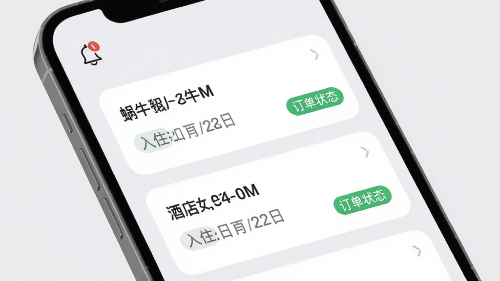 蜗牛预订订单管理页面,手机屏幕显示订单列表,每个订单卡片包含酒店名称、入住日期、订单状态标签,界面采用圆角卡片设计,背景为浅灰色,顶部有消息通知铃铛图标,整体风格清爽规整,高清画质,无多余装饰