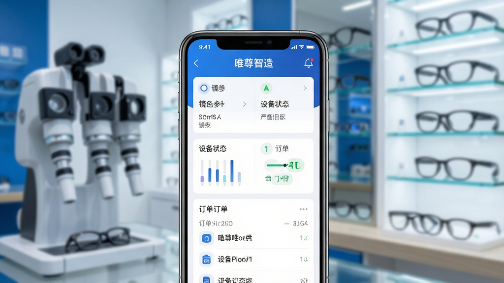 画面中央是一部智能手机,屏幕上显示“唯尊智造”应用界面,界面包含镜片参数、设备状态、订单列表等模块。手机后方是虚化的眼镜店场景,有验光仪与镜片展示架。整体布局采用居中构图,风格为现代科技感,色调以蓝白为主,细节清晰,画质干净,无多余元素,4K高清。