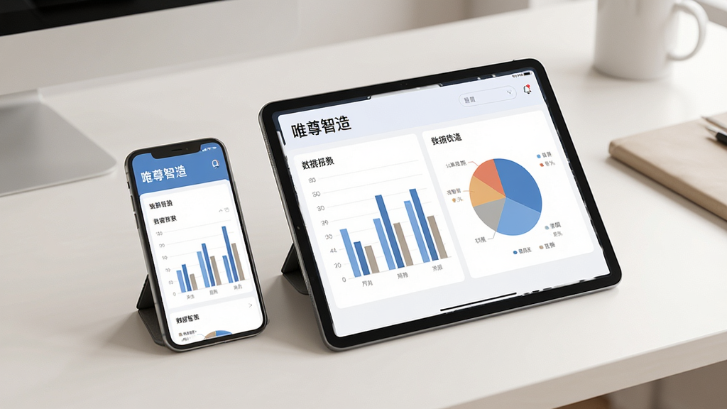 手机与平板并排展示“唯尊智造”数据报表界面,包含柱状图与饼图,背景是干净的书桌,风格现代商务,色调柔和,画质干净,无多余元素,高清。