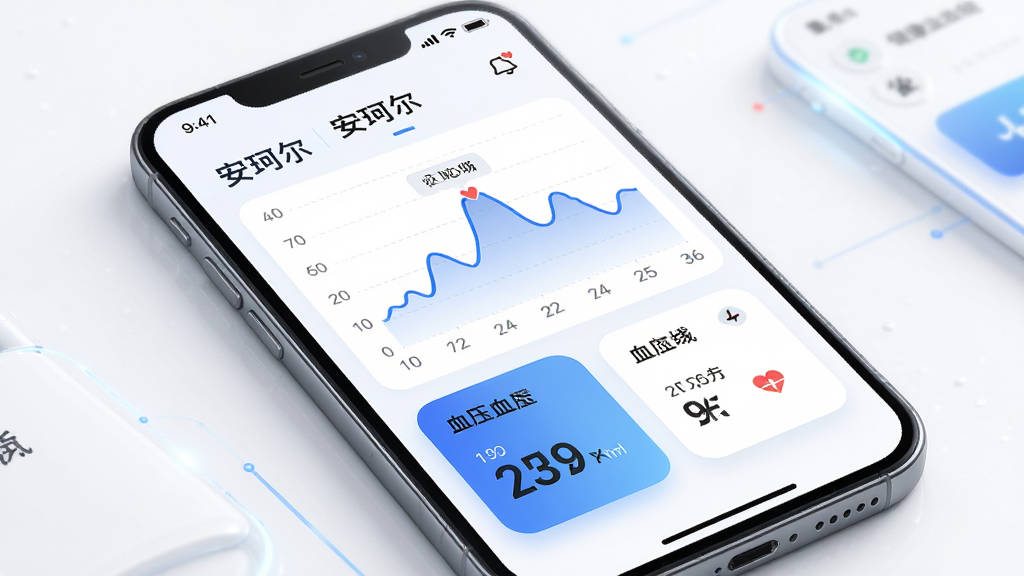 安珂尔应用内的健康数据监测界面,画面展示手机屏幕上的心率曲线图和血压数据卡片,背景是简洁的白色,带有蓝色渐变元素,风格科技感,细节清晰,画质高清,干净,无多余元素