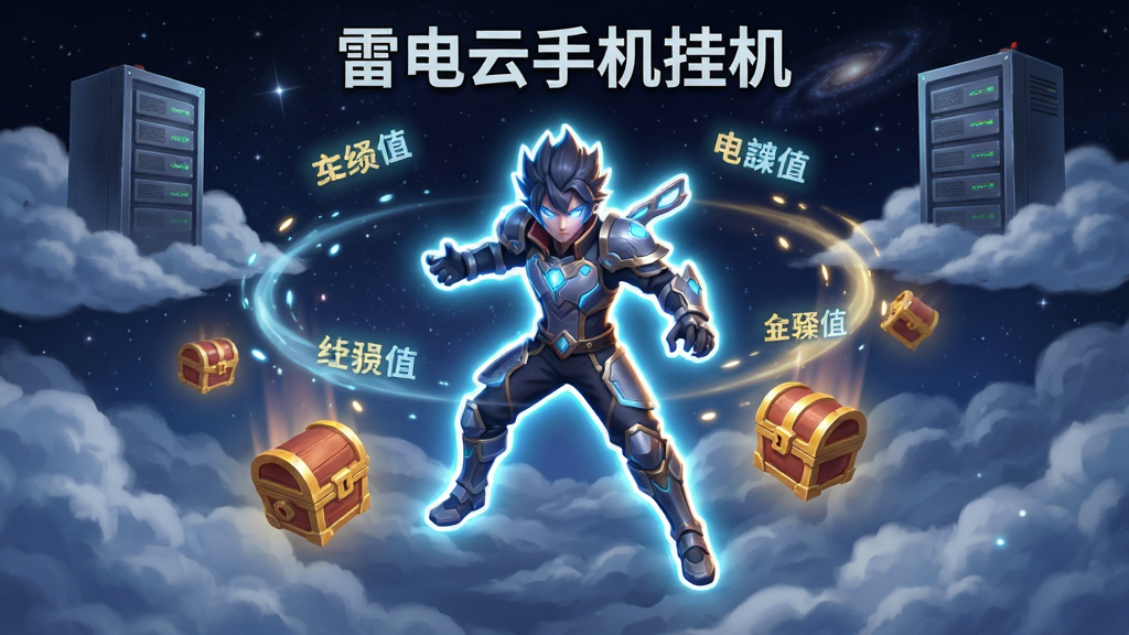 画面描绘一个游戏角色在云端自动战斗的场景,角色周围有经验值飘浮和宝箱掉落,背景为深色星空与漂浮的云服务器,布局采用角色居中、特效环绕的排版,风格魔幻科技,细节上角色带有发光轮廓,画质超清,干净,无多余元素,图中标注文字“雷电云手机挂机”