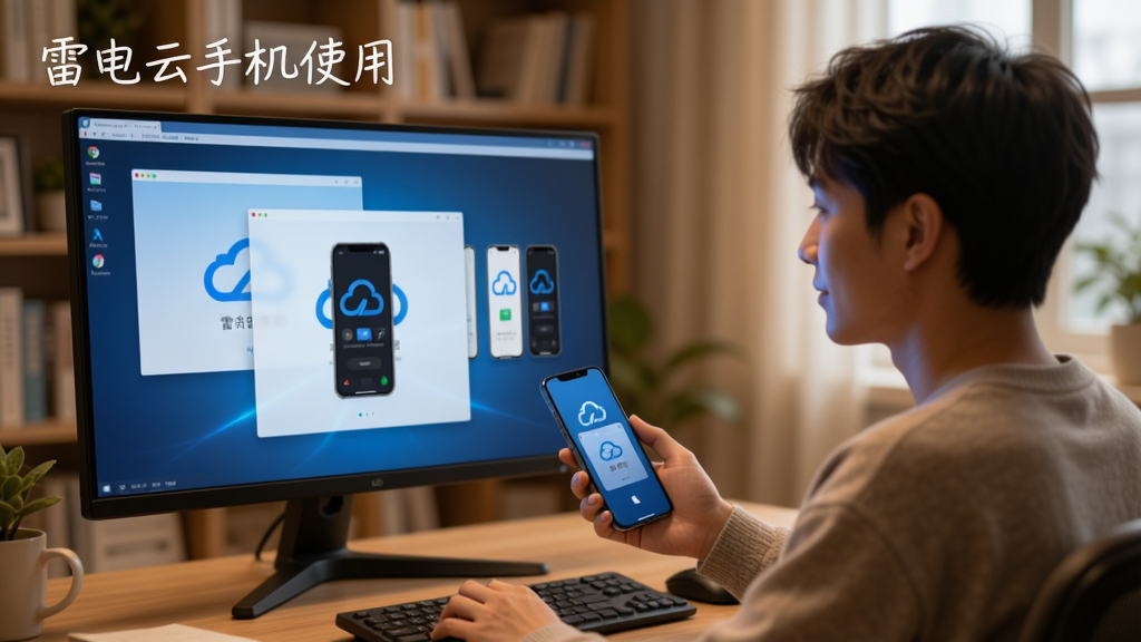 画面展示一位用户坐在电脑前,屏幕中显示多个云手机窗口,手中拿着手机同步查看,背景为温馨的书房环境,布局采用人物侧身与屏幕内容呼应的排版,风格生活化科技,细节上屏幕带有蓝光护眼效果,画质高清,干净,无多余元素,图中标注文字“雷电云手机使用”