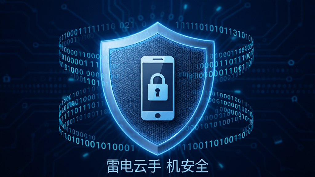画面中央是一个发光的盾牌图标,盾牌内部显示手机与锁的图案,周围环绕着二进制数据流,背景为深蓝色安全主题,布局采用中心放射排版,风格安全科技,细节上盾牌表面有网格纹理,画质超清,干净,无多余元素,图中标注文字“雷电云手机安全”