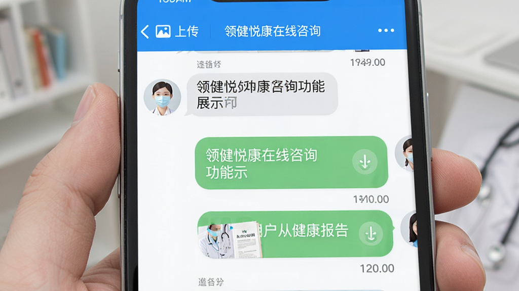 领健悦康在线咨询功能展示,主体为手机聊天界面,布局为对话气泡上下排列,排版左侧为医生回复右侧为用户提问,风格为简洁通讯类界面,细节包含上传图片按钮、健康报告缩略图与时间戳,画质高清,干净,无多余元素