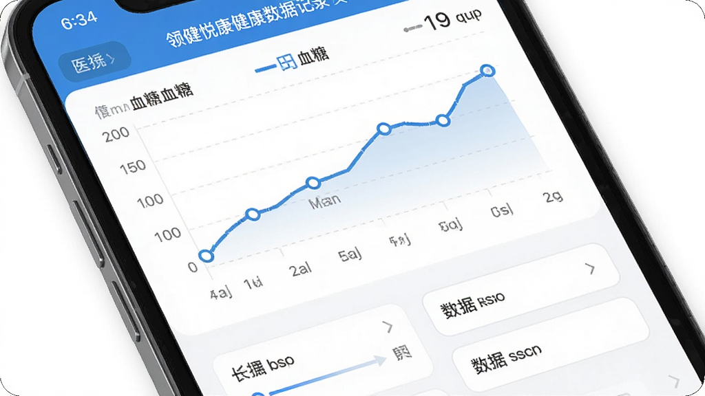 领健悦康健康数据记录页面,主体为手机屏幕显示血压血糖趋势折线图,布局为上方图表下方数据录入区,排版清晰,风格为数据可视化医疗应用,细节包含坐标轴、数据点标记与录入输入框,画质高清,干净,无多余元素