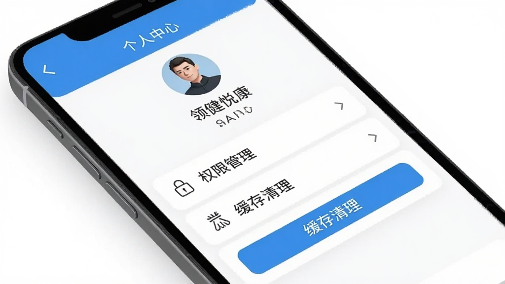 领健悦康移动端操作界面展示,主体为手机屏幕显示个人中心页面,布局为纵向功能列表,排版包含头像昵称与设置选项,风格为简洁实用型应用界面,细节包含权限管理入口与缓存清理按钮,画质清晰,干净,无多余元素