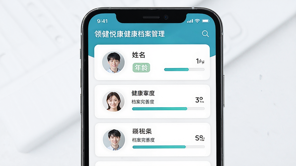 领健悦康健康档案管理界面,主体为手机屏幕展示家庭成员健康档案列表,布局为纵向卡片排列,排版信息层级分明,风格为清爽医疗风,细节包含头像、姓名、年龄标签与档案完善度进度条,画质清晰,干净,无多余元素