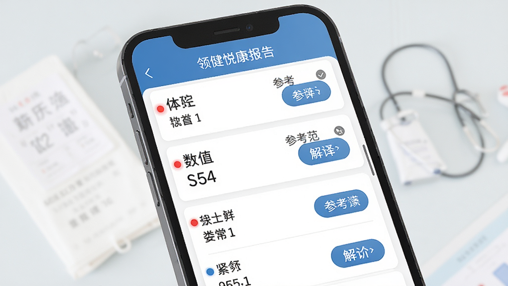 领健悦康报告解读功能界面,主体为手机屏幕展示体检报告指标列表,布局为上下滚动列表,排版每项指标含名称数值与参考范围,风格为专业医疗数据界面,细节包含异常标注红色圆点与解读按钮,画质清晰,干净,无多余元素