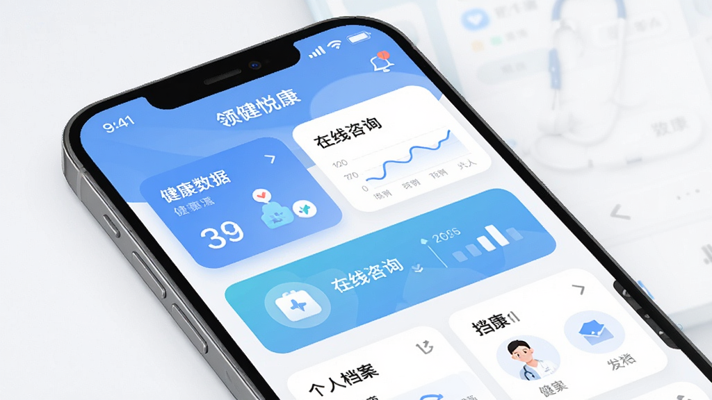 领健悦康健康管理应用主界面展示,主体为一部智能手机,屏幕显示领健悦康APP首页,包含健康数据卡片、在线咨询入口与个人档案模块,布局简洁清晰,排版采用上下结构,风格为现代医疗健康类应用UI,细节包含柔和蓝白配色、圆角图标与数据图表,画质高清,画面干净,无多余元素