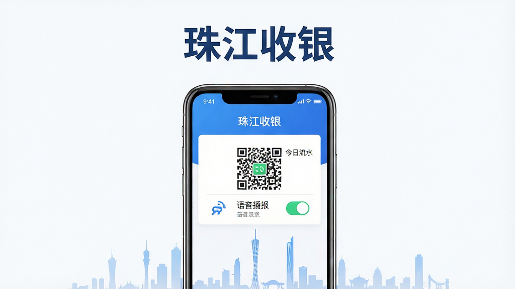 主体为一部智能手机,屏幕上显示“珠江收银”应用界面,界面中包含收款码、今日流水、语音播报开关等模块;布局采用居中展示,手机下方有淡淡的广州城市剪影;排版简洁,上方留白放置软件名称“珠江收银”;整体风格为现代金融科技风,蓝白配色;细节上手机边缘有轻微反光,界面图标清晰锐利;画质要求高清、干净、无多余元素。