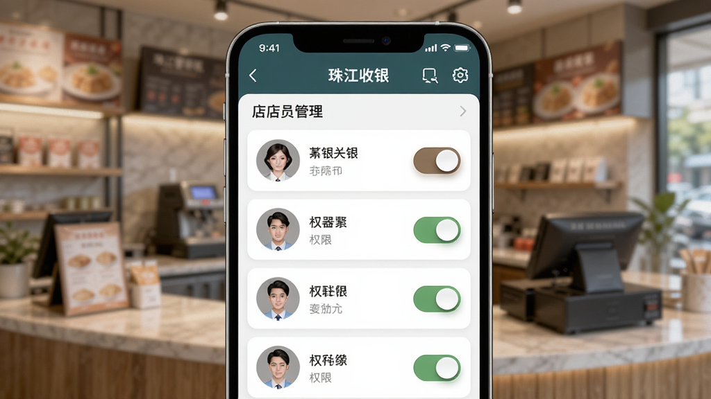 主体为一部手机,屏幕显示“珠江收银”店员管理界面,列表中有多个店员头像和权限开关;布局为手机竖屏展示,背景为虚化的店铺场景;排版突出管理界面;风格为移动办公风格;细节上开关按钮有立体感,头像清晰;画质干净、无多余元素。