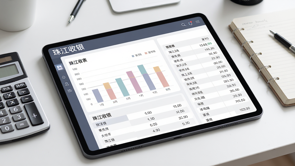 主体为平板电脑或大屏手机,屏幕上显示“珠江收银”的流水报表界面,包含柱状图和明细列表;布局为设备平放在办公桌上,旁边有计算器和笔记本;排版清晰展示报表内容;风格为简约商务;细节上图表色彩柔和,数字清晰;画质高清、干净、无多余元素。