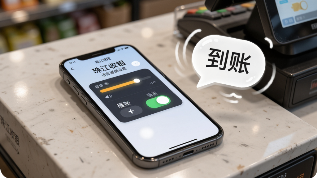 主体为一部手机,屏幕显示“珠江收银”语音播报设置页面,音量条和播报开关高亮;布局为手机放在收银台上,旁边有“到账”气泡;排版突出播报功能;风格为生活化场景;细节上气泡有动态感,手机屏幕明亮;画质清晰、干净、无多余元素。