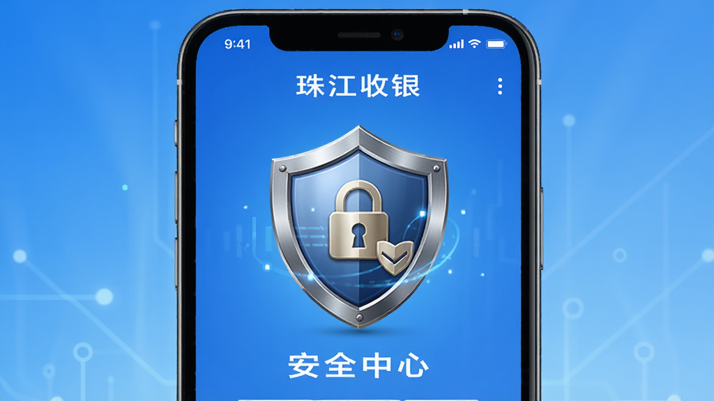 主体为一部手机,屏幕显示“珠江收银”安全中心页面,有盾牌图标和加密标识;布局为手机居中,背景为蓝色渐变;排版简洁;风格为安全科技风;细节上盾牌有金属质感,文字清晰;画质高清、干净、无多余元素。