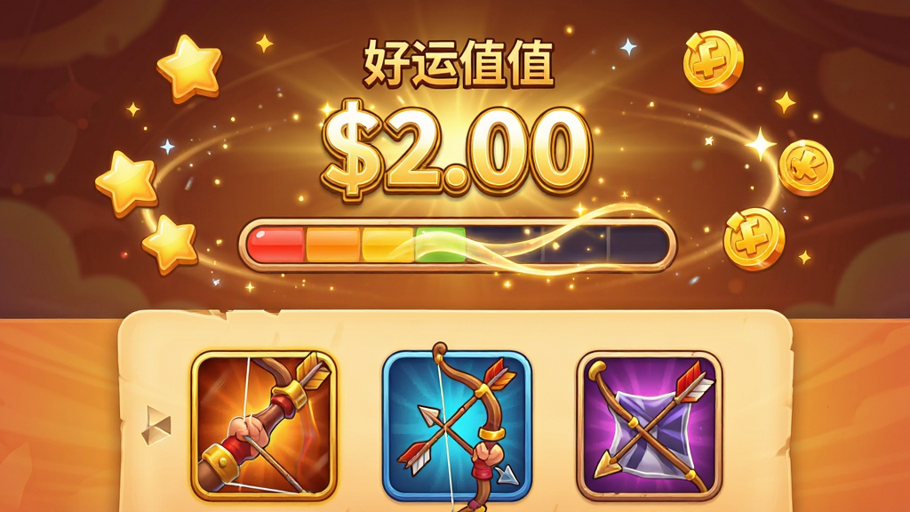 一箭来 好运值 收集 界面 展示 主体 是 屏幕 中央 有 发光 的 好运值 数字 和 进度条 周围 环绕 着 星星 和 金币 图标 布局 是 上下 结构 上方 是 好运值 下方 是 解锁 的 弓箭 皮肤 预览 排版 风格 是 卡通 喜庆 暖色调 细节 是 好运值 数字 有 金色 描边 进度条 有 流动 光效 画质 高清 干净 无多余元素