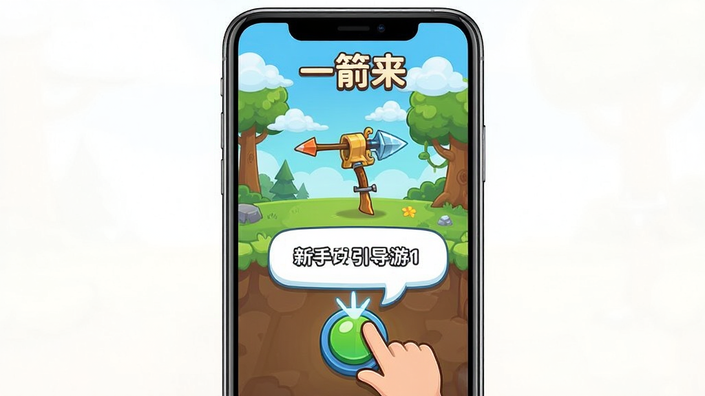 一箭来 手机 游戏 界面 展示 新手 引导 步骤 主体 是 手机 屏幕 显示 一箭来 游戏 画面 有 手指 图标 指向 蓄力 按钮 布局 是 竖屏 居中 排版 风格 是 卡通 友好 明亮 细节 是 引导 文字 气泡 画质 高清 干净 无多余元素