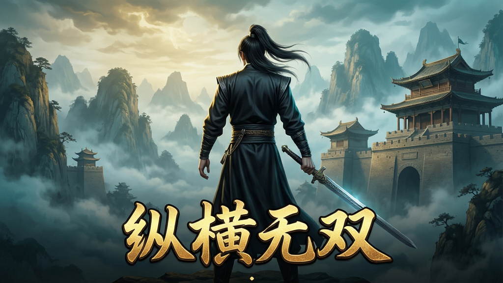 一幅展现东方玄幻武侠风格的手机游戏主界面截图,画面中央是一位身穿玄色劲装、手持长剑的侠客背影,背景是云雾缭绕的群山与古朴的城楼,画面下方有“纵横无双”四个金色大字的游戏logo,整体色调偏暗金与青蓝,风格写实唯美,细节丰富,画质高清,干净无多余元素