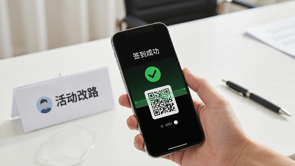 一部手机正在扫描活动签到二维码,屏幕上显示“签到成功”的绿色对勾和用户头像,背景是简洁的会议签到处桌面,桌上有活动名牌和一支笔,画面采用写实风格,光线柔和明亮,突出手机屏幕内容,干净无多余元素,高清画质