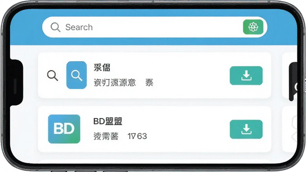 主体为BD盟应用内的搜索界面,屏幕显示搜索框和多个搜索结果列表;布局为手机正面展示,搜索框在顶部;排版为列表式排列;风格为清新简约风;细节包括放大镜图标、资源图标、下载按钮;画质高清干净无多余元素