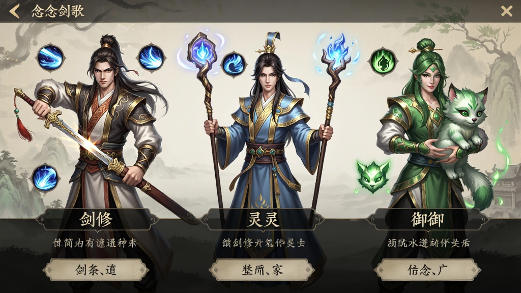 一念剑歌职业选择界面,主体为三个职业角色并排站立,左侧剑修持剑、中间灵师执杖、右侧御灵携宠,布局为横向排列,排版下方有职业名称和简介按钮,风格为国风游戏UI,细节包括角色服饰纹理、技能图标、光效环绕,画质清晰,干净,无多余元素