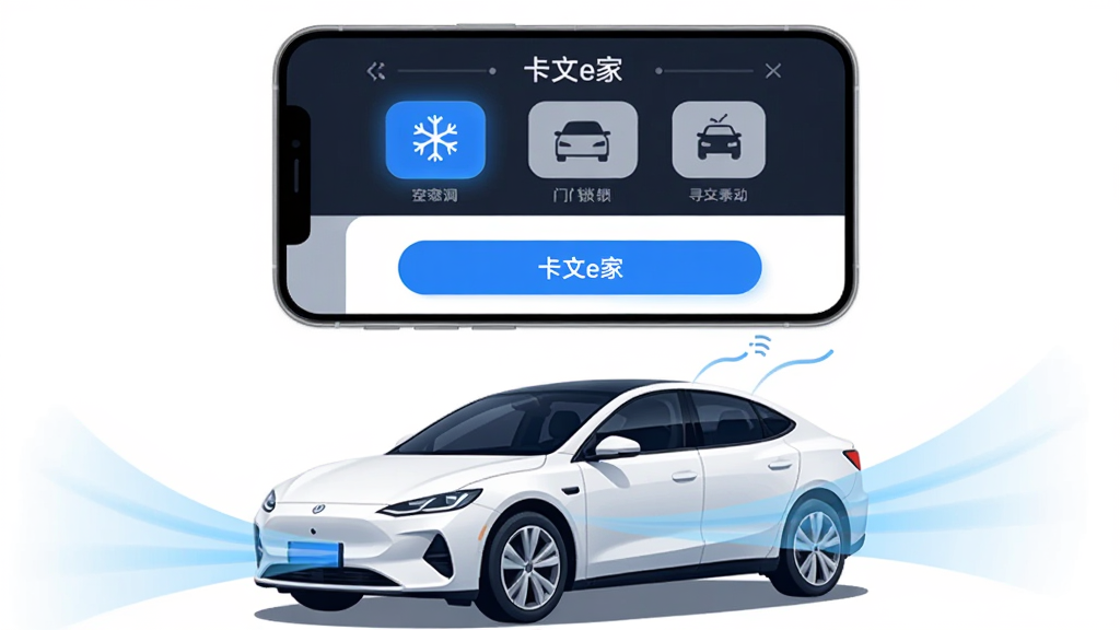 画面主体为一辆白色智能汽车,汽车上方悬浮一部手机,手机屏幕显示“卡文e家”远程控制界面,界面中有空调、车门锁、寻车按钮图标,布局采用上下分层结构,上方为手机与操作图标,下方为汽车,风格为简洁科技风矢量插画,细节上按钮带蓝色高亮、汽车周围有淡蓝色气流线条表示空调开启,画质高清,画面干净,无多余元素。
