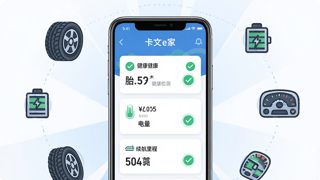 画面中央为一部手机,手机屏幕显示“卡文e家”车辆健康检测界面,界面包含胎压、电量、续航里程等数据卡片,手机周围环绕轮胎、电池、仪表盘等图标,布局采用中心放射状构图,风格为简洁商务科技插画,细节上数据卡片带有绿色对勾标识、图标以线条风格呈现,画质高清,画面干净,无多余元素。