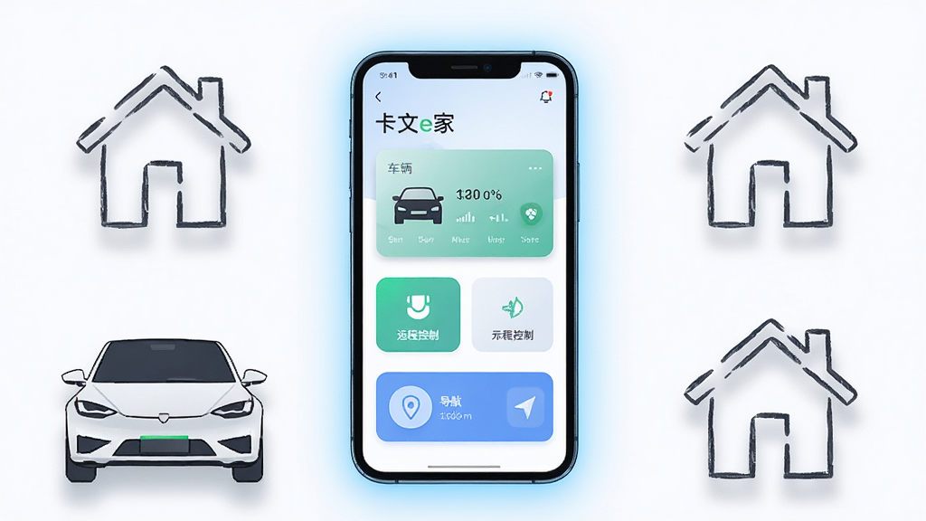 画面中央展示一部智能手机,手机屏幕内呈现“卡文e家”应用主界面,界面包含车辆状态卡片、远程控制按钮与导航入口,手机周围环绕一辆白色智能汽车与房屋轮廓图标,布局采用中心对称构图,排版清爽有序,风格为现代科技感扁平化插画,细节上手机屏幕带有淡蓝色光晕、车辆与房屋以线条勾勒并带柔和阴影,画质高清,画面干净,无多余元素。