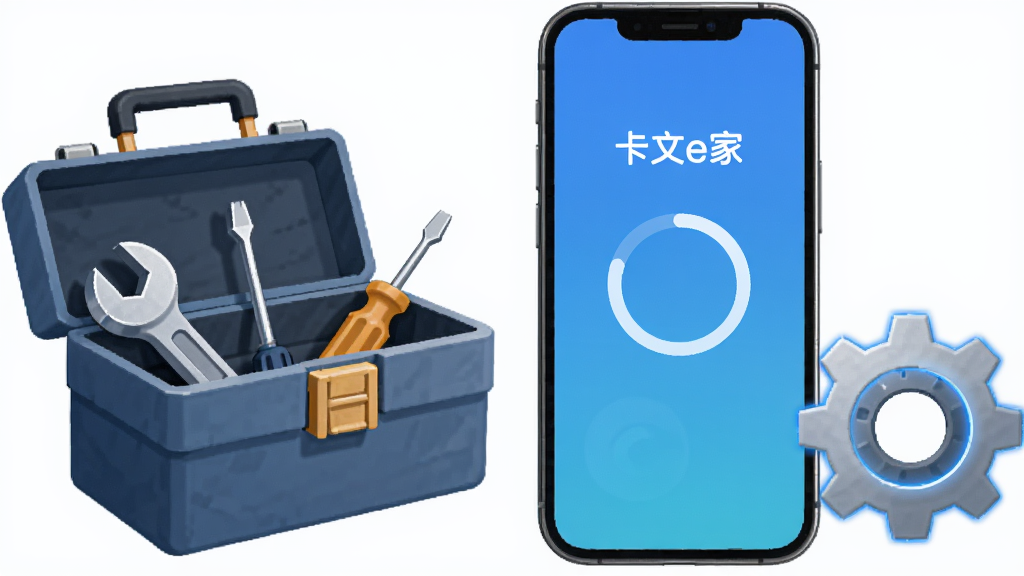 画面主体为一部智能手机,手机屏幕显示“卡文e家”应用加载界面,屏幕中央有圆形进度条,手机旁边放置一个工具箱与齿轮图标,布局采用左右结构,风格为简洁实用风插画,细节上工具箱打开露出扳手与螺丝刀、齿轮带有蓝色光效,画质高清,画面干净,无多余元素。