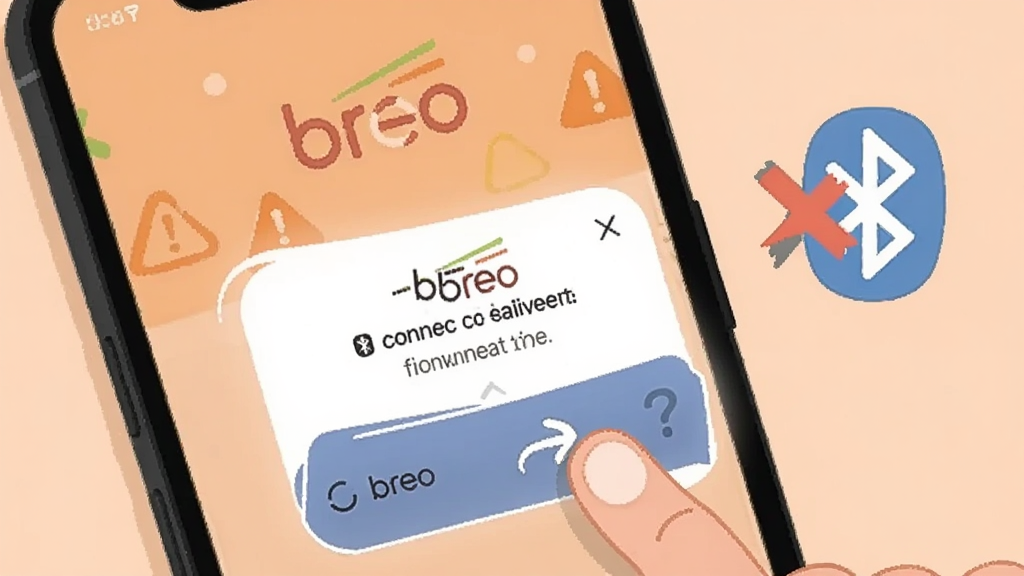 一部手机屏幕显示breo应用连接失败弹窗,旁边有蓝牙图标打叉和问号,背景为浅橙色警示色调,画面中有手指点击刷新按钮的动作,风格扁平化插画,画质干净清晰,带有