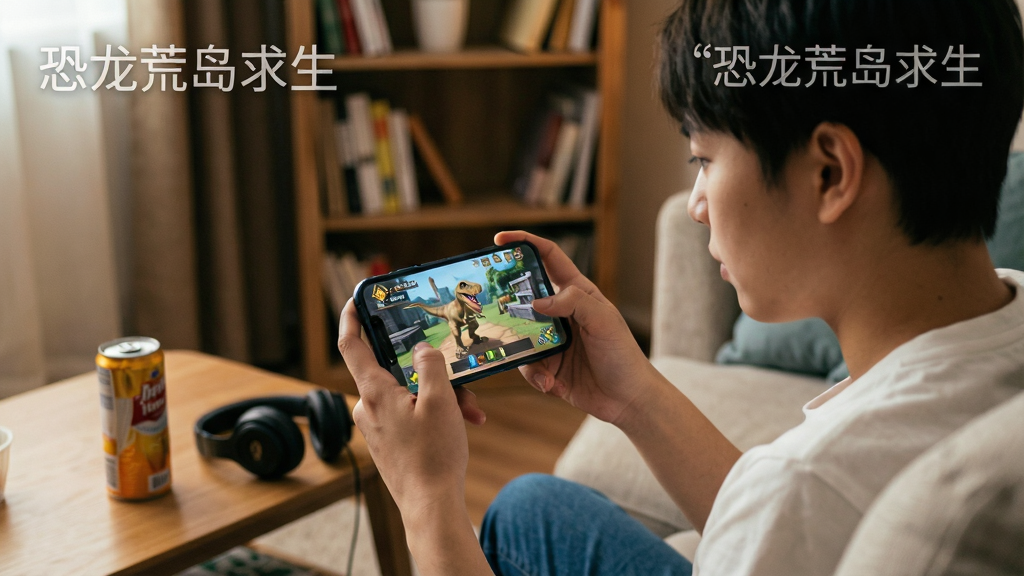 画面主体为一名新手玩家坐在沙发上手持手机,手机屏幕显示恐龙荒岛求生的游戏界面,旁边茶几上放着饮料与耳机。布局采用生活化场景,人物与手机为视觉中心。排版为横版生活照风格,风格为温暖室内摄影,细节包括手机屏幕反光、人物专注表情、背景书架。画质清晰,干净,无多余元素,图片中打文字“恐龙荒岛求生”。