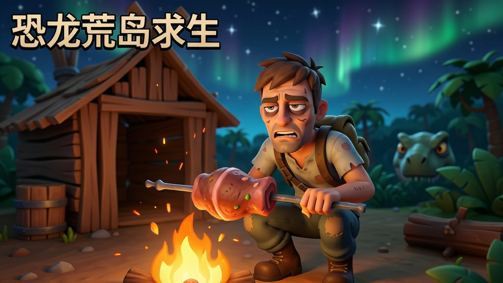 画面主体为一名幸存者蹲在篝火旁烤制恐龙肉,身后是简陋的木制庇护所,头顶是星空与极光。布局采用中景构图,人物居中,篝火照亮周围环境。排版为横版游戏宣传图,风格为美式卡通渲染,细节包括火星飞溅、人物疲惫但坚毅的表情、远处丛林中若隐若现的恐龙眼睛。画质清晰,干净,无多余元素,图片中打文字“恐龙荒岛求生”。