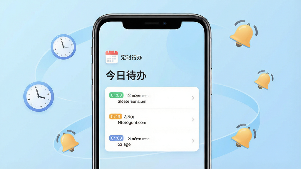 一张展示智能手机屏幕的图片,屏幕中央显示“定时备忘”应用的主界面,界面设计简洁现代,上方有日历图标和“今日待办”标题,下方列出三条带有时间标签的提醒事项,背景为柔和的浅蓝色渐变,手机周围环绕着悬浮的时钟图标和铃铛符号,整体风格清新明快,画质清晰,干净无多余元素