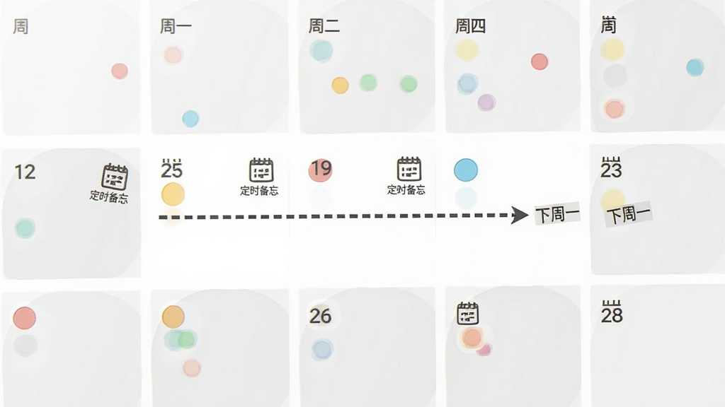 一个抽象的日历网格图案,部分日期格子上标记着彩色的圆点和“定时备忘”字样的小图标,一条虚线箭头从“周一”指向“下周一”,表示周期循环,背景为干净的白色和浅灰色,风格极简抽象,画质清晰,干净无多余元素