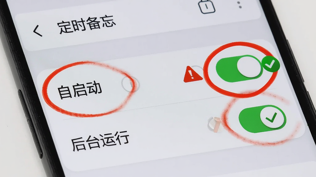 一部安卓手机屏幕显示“定时备忘”的设置页面,页面中“自启动”和“后台运行”开关被高亮圈出,旁边有红色警示标志和绿色对勾图标,背景为干净的浅灰色,风格直观清晰,画质细腻,无多余元素