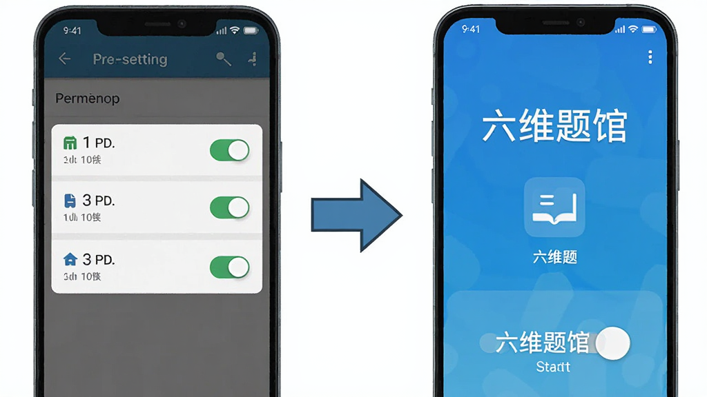 一张展示六维题馆在安卓手机上安装与权限设置流程的示意图,画面左侧为手机设置界面中的权限开关,右侧为六维题馆启动画面,中间有箭头连接表示操作顺序,布局为左右对比式,风格为教程图解风,细节上体现清晰的步骤编号与图标,画质高清,干净无多余元素