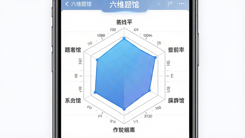 一张展示六维题馆能力图谱功能的界面图,画面主体为手机屏幕中的六边形雷达图,六个顶点分别标注不同能力维度,雷达图内部有填充色块表示当前水平,周围有数据标签与刻度线,布局居中,排版清晰,风格为数据可视化与教育科技结合,细节上体现渐变蓝色填充与灰色参考线,画质高清,干净无多余元素,图中文字包含