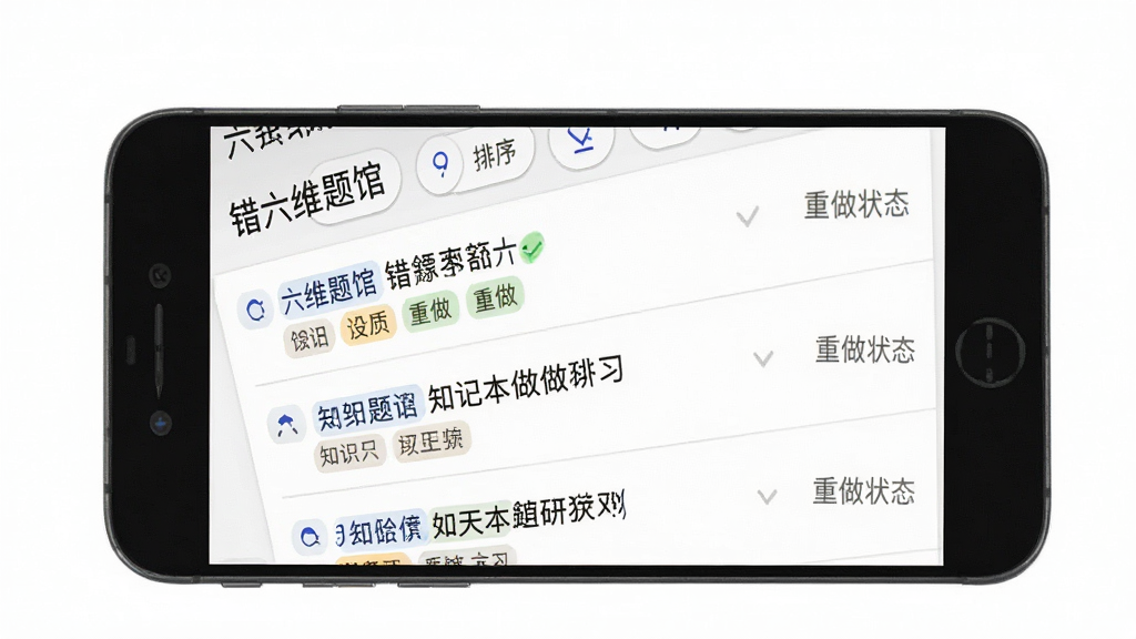 一张展示六维题馆错题本功能的手机界面图,画面中手机屏幕显示错题列表,每条错题带有知识点标签与重做状态,屏幕上方有筛选与排序按钮,布局为列表式排版,风格为清爽学习工具风,细节上体现白色背景与浅灰色分割线,画质高清,干净无多余元素