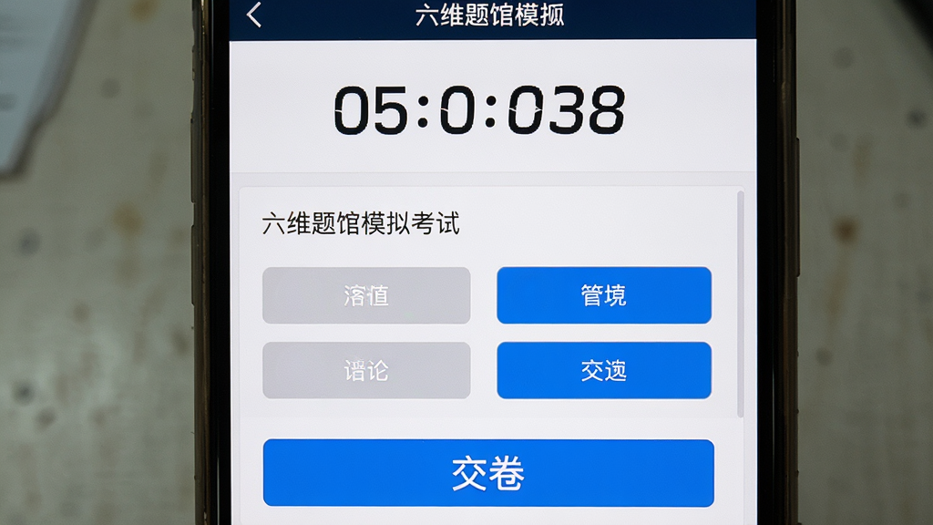 一张展示六维题馆模拟考试界面的手机截图,画面中手机屏幕显示倒计时与答题卡,题目区域有选项按钮,底部有交卷按钮,布局为上下结构,风格为严肃考试风,细节上体现清晰的数字倒计时与蓝色高亮选项,画质高清,干净无多余元素