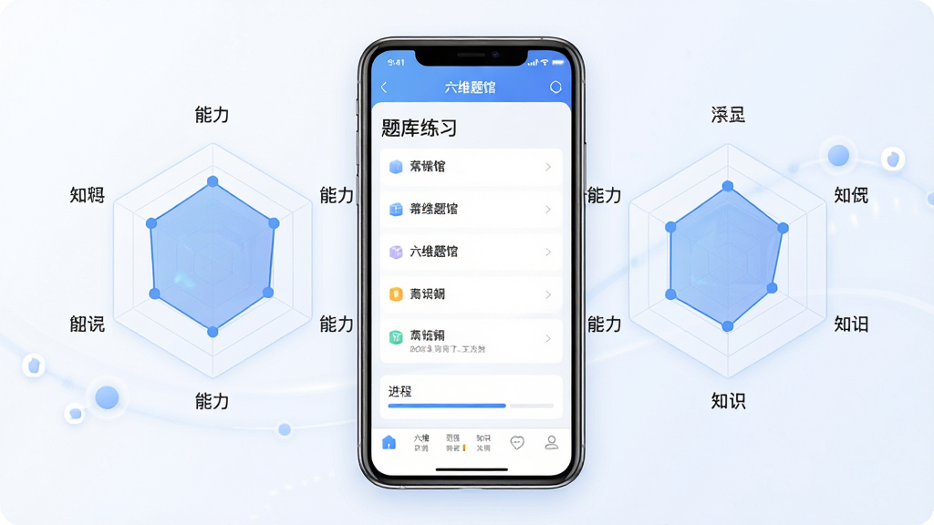 一张展示六维题馆手机应用主界面的预览图,画面中央是一部竖屏智能手机,手机屏幕上显示着六维题馆的题库练习界面,包含题目选项与进度条,手机周围环绕着六边形能力雷达图与知识节点图标,布局简洁对称,排版以手机为中心向四周延展,风格为现代科技教育风,细节上体现柔和的蓝白配色与清晰的文字标签,画质高清,干净无多余元素
