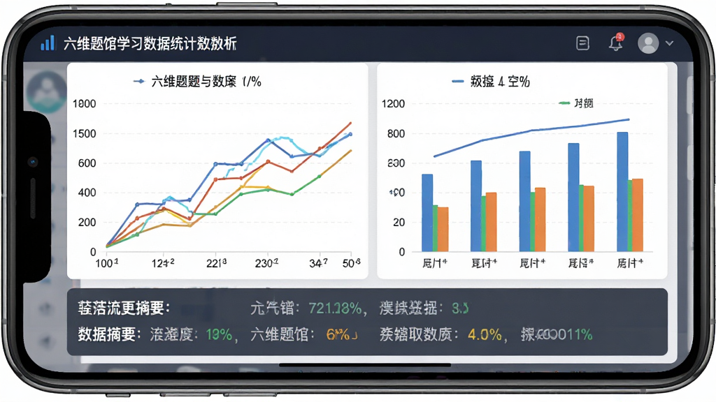 一张展示六维题馆学习数据统计面板的界面图,画面中手机屏幕显示折线图与柱状图,图表下方有数据摘要文字,布局为上下排列,风格为数据分析仪表盘风,细节上体现清晰的坐标轴与彩色数据线,画质高清,干净无多余元素