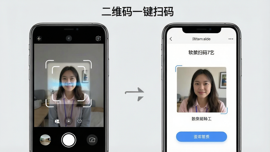 一张展示“二维码一键扫码”软件多模式扫码功能的界面示意图,画面中并排展示两个手机屏幕,左侧屏幕显示相机扫码界面,右侧屏幕显示从相册导入图片的界面,两个屏幕之间有切换箭头,背景为浅灰色,风格为简洁UI展示,细节包括按钮图标和文字标签,画质清晰,干净整洁,无多余元素