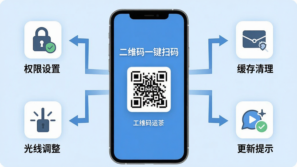 一张展示“二维码一键扫码”软件在手机屏幕上运行时的常见问题解决流程图,画面以手机为中心,周围环绕着几个图标分别代表权限设置、缓存清理、光线调整和更新提示,背景为浅蓝色,风格为信息图表,细节包括箭头引导和文字标签,画质清晰,干净整洁,无多余元素
