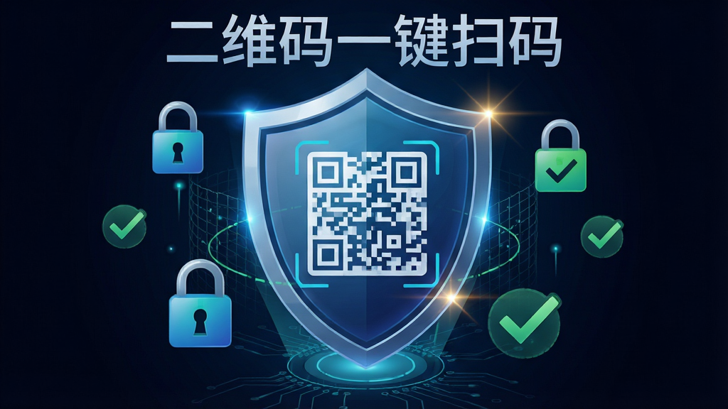 一张展示“二维码一键扫码”软件安全防护功能的宣传图,画面中央是一个盾牌图标,盾牌上有一个二维码图案,盾牌周围环绕着安全锁和勾选标记,背景为深色渐变,风格为安全科技感,细节包括光效和防护网格纹理,画质清晰,干净利落,无多余元素