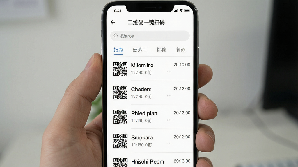 一张展示“二维码一键扫码”软件历史记录界面的手机截图风格图片,画面中手机屏幕显示按时间排列的扫码记录列表,每条记录包含二维码缩略图、识别内容和时间戳,界面简洁,背景为白色,风格为现代移动应用UI,细节包括搜索框和分类标签,画质清晰,干净整洁,无多余元素