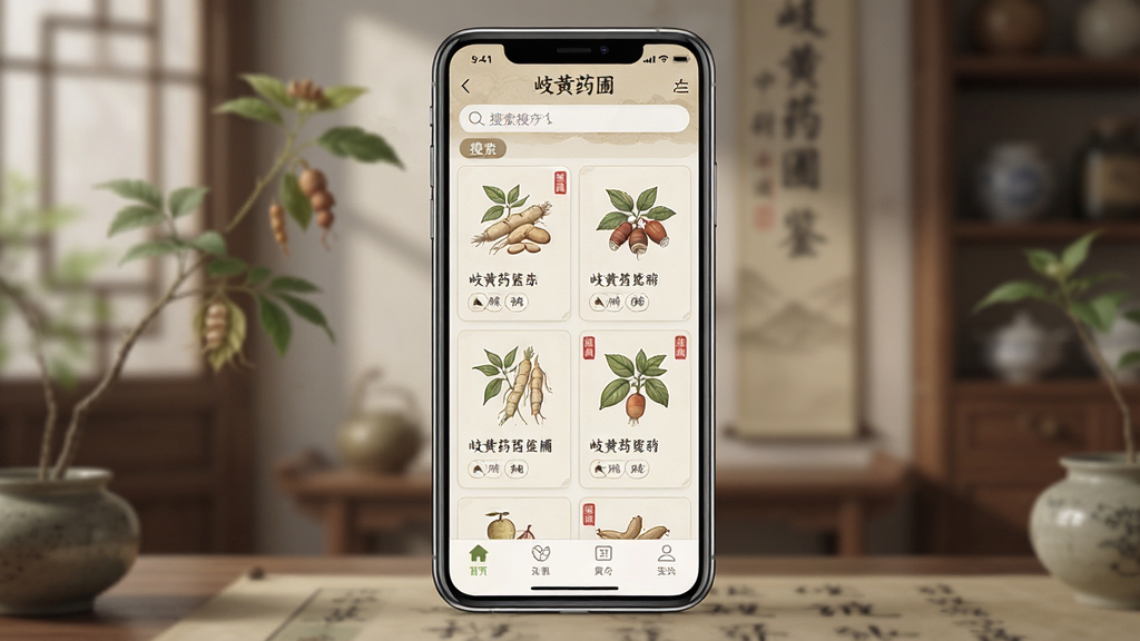 一张展示岐黄药圃手机应用界面的效果图,主体为一部竖屏智能手机,屏幕内呈现岐黄药圃软件的中药材图鉴页面,页面布局包含顶部搜索栏、中部药材卡片列表、底部导航菜单,排版整洁有序,风格为中式古典淡雅风,细节处有药材插画与文字说明,画质清晰干净,无多余元素
