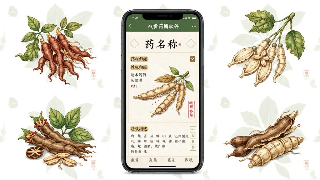 岐黄药圃软件内中药材图鉴功能展示图,画面中央为手机屏幕,屏幕内显示一味中药材的详情页面,包含药材名称、性味归经、功效描述等文字信息,周围环绕几味常见中药材的插画元素,布局居中对称,风格清新素雅,细节丰富,画质高清干净