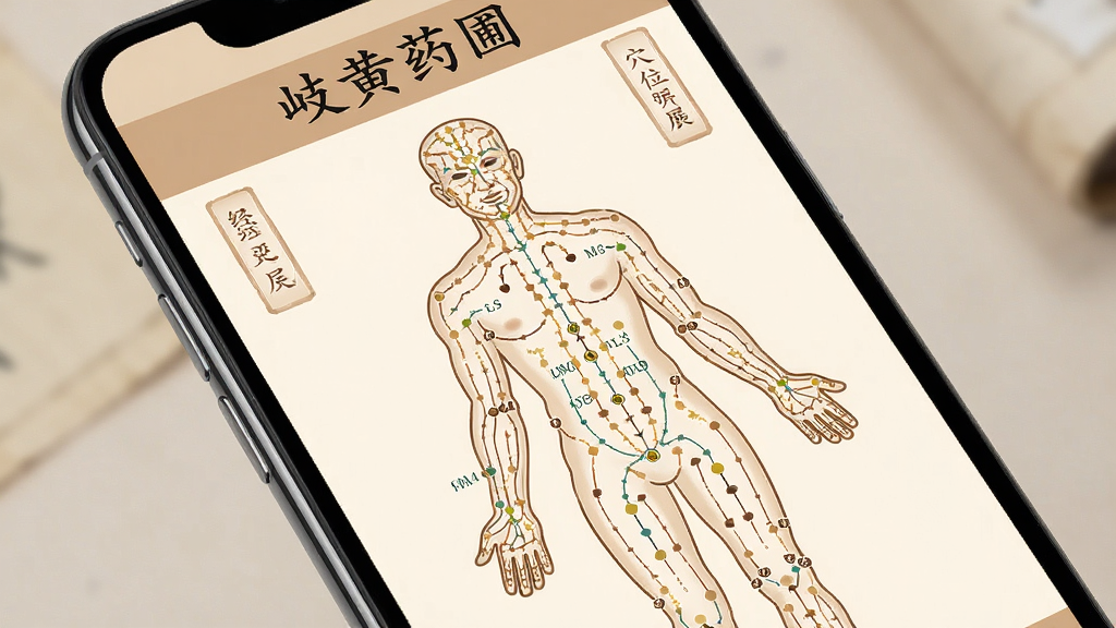 岐黄药圃软件经络穴位模块界面展示图,画面为手机屏幕特写,屏幕内显示人体经络循行示意图与穴位标注,配色以米白与浅棕为主,排版清晰,风格传统中医风,细节处有经络线条与穴位点标注,画质干净清晰,无杂乱元素